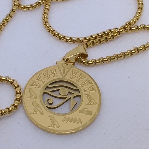 Mythological Egyptian Pendant Necklace-Gold Color Metal Evil Eye Unisex Jewelry - Picture 3 of 10